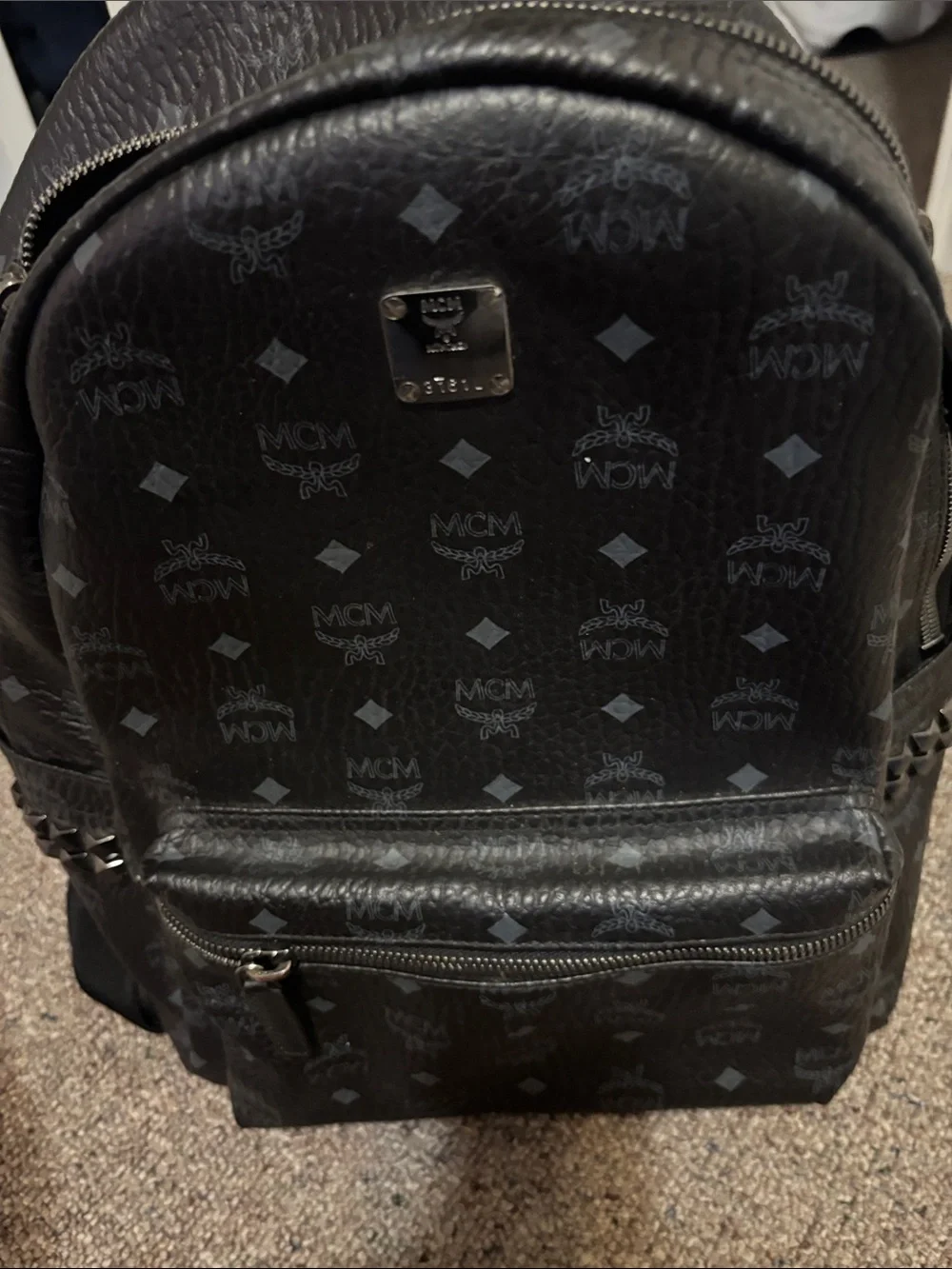 MCM Black Monogram Leather Backpack with Silver Plate